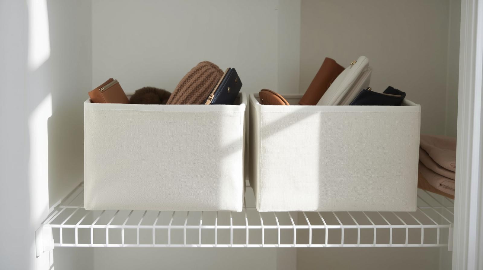 Plastic storage bins on shelf